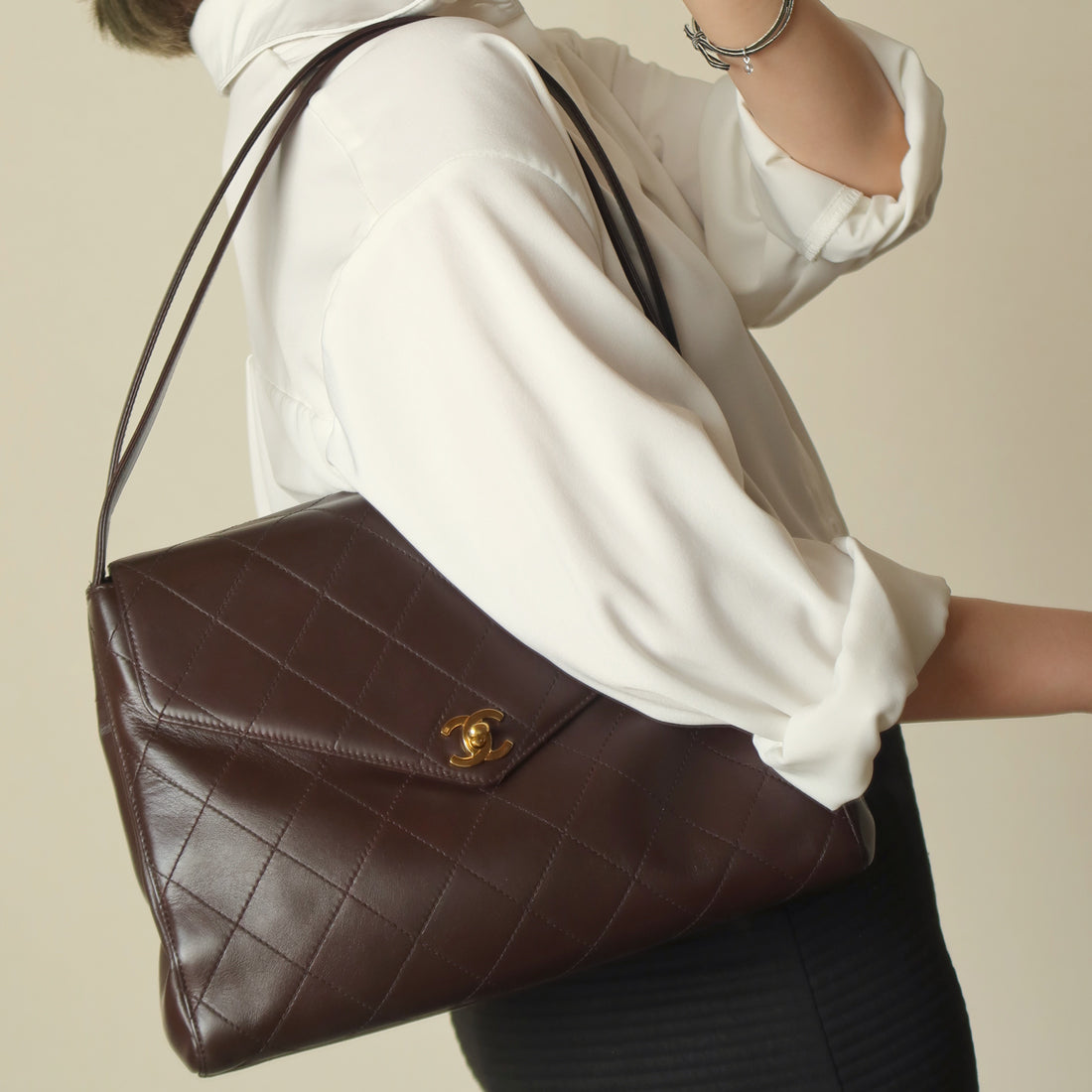 Vintage Chanel Dark Brown Matelassé Quilted CC turn lock Envelope Flap Bag