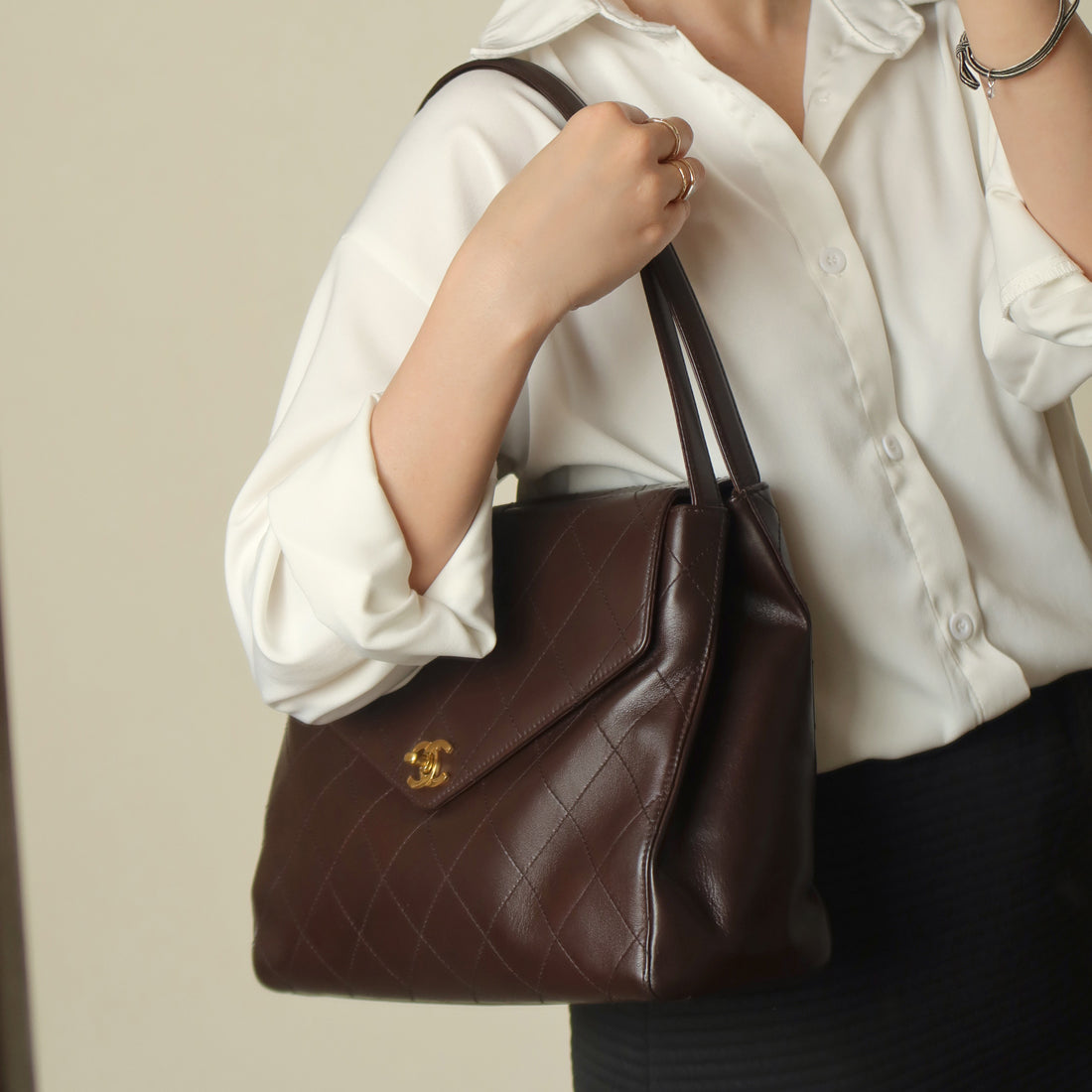 Vintage Chanel Dark Brown Matelassé Quilted CC turn lock Envelope Flap Bag