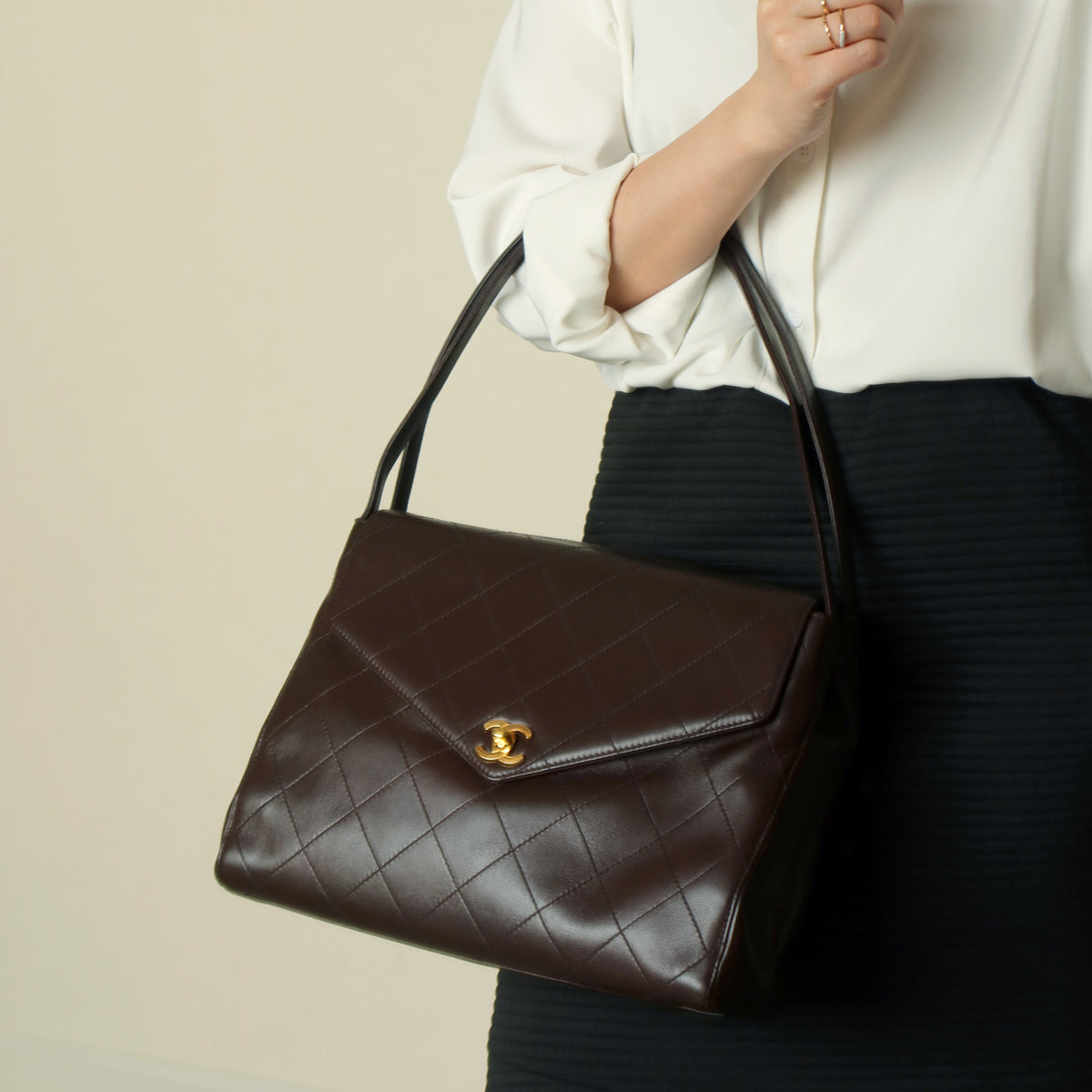 Vintage Chanel Dark Brown Matelassé Quilted CC turn lock Envelope Flap Bag