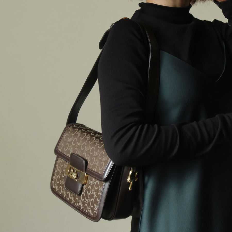 Celine Vintage Dark Brown Triomphe Horse Carriage C Sulky Shoulder Bag