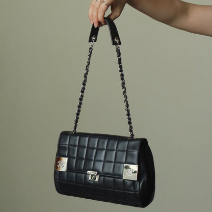 Chanel Vintage Black Lambskin Chocolate Bar Quilted Coco mark Shoulder Flap Bag