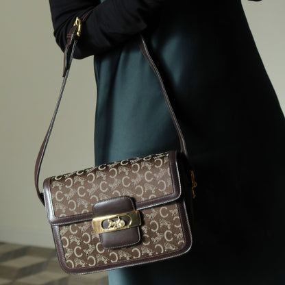 Celine Vintage Dark Brown Triomphe Horse Carriage C Sulky Shoulder Bag