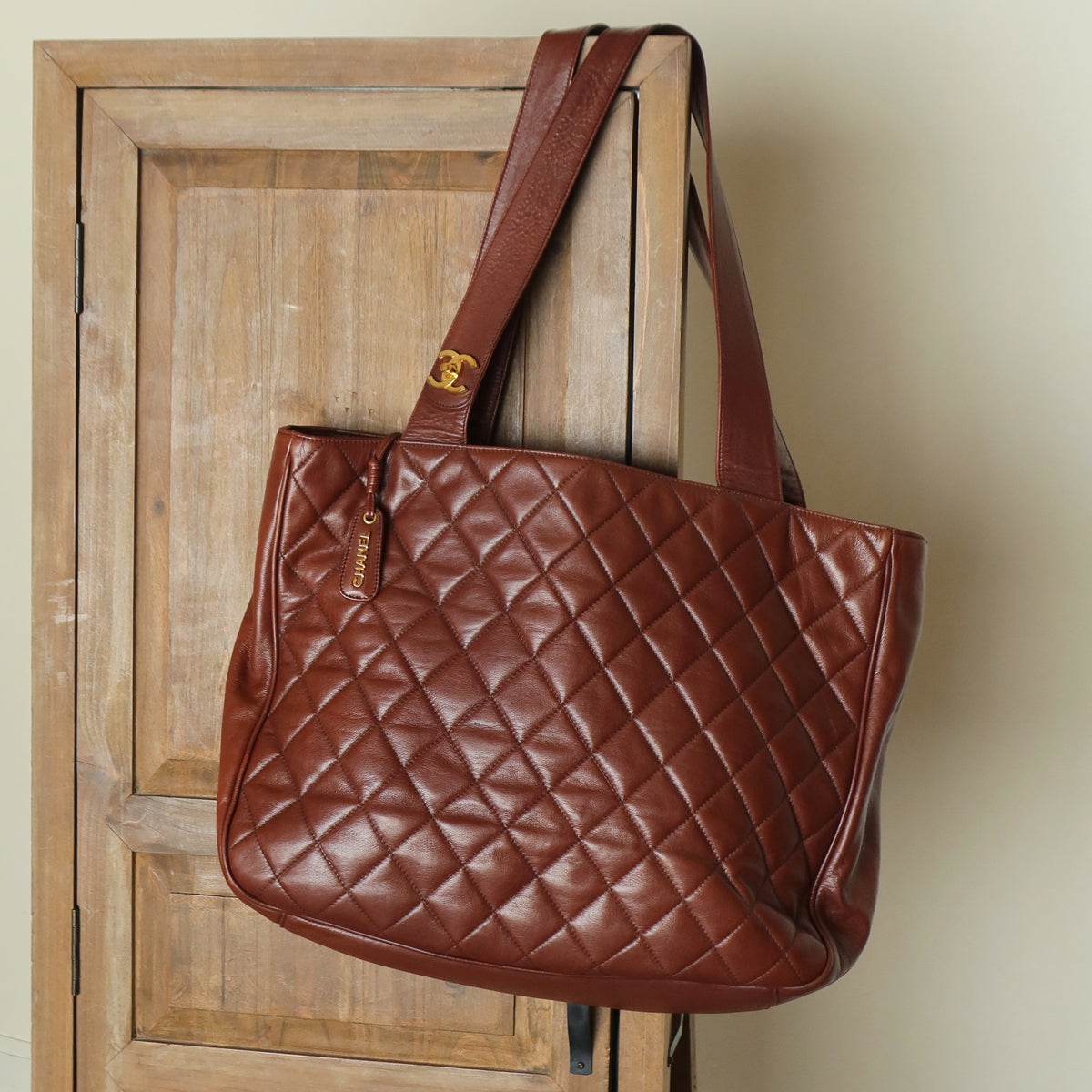 Chanel Vintage Brown Diamond quilted CC turn lock Shoulder Shopper Tote Bag