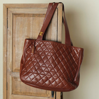 Chanel Vintage Brown Diamond quilted CC turn lock Shoulder Shopper Tote Bag