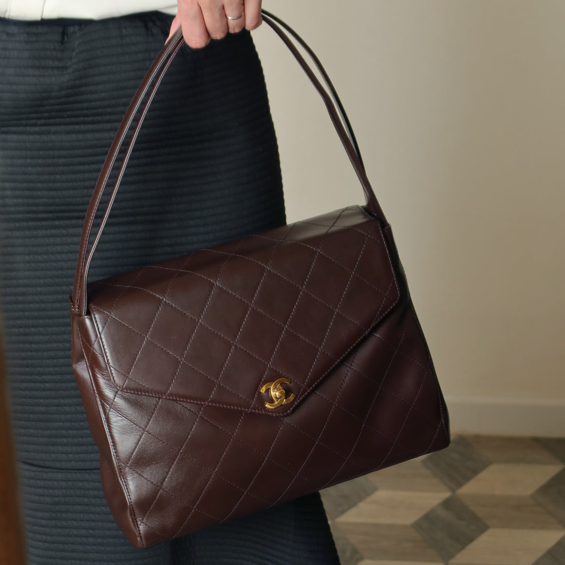 Vintage Chanel Dark Brown Matelassé Quilted CC turn lock Envelope Flap Bag