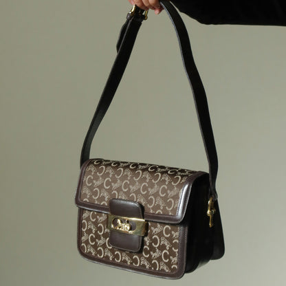 Celine Vintage Dark Brown Triomphe Horse Carriage C Sulky Shoulder Bag