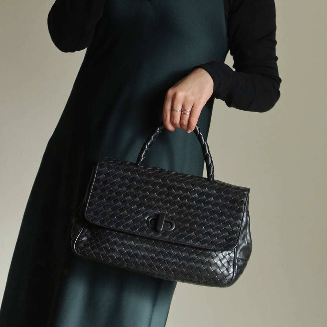 Bottega Veneta Vintage Black Intrecciato Turn Lock Braided Top Handle Bag