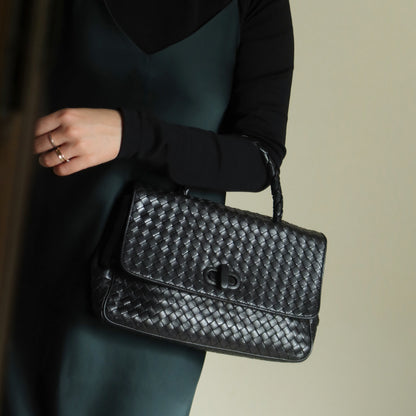 Bottega Veneta Vintage Black Intrecciato Turn Lock Braided Top Handle Bag