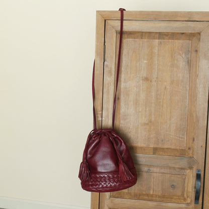 Bottega Veneta Vintage Maroon Intrecciato Weave Leather Draw String Bucket Bag