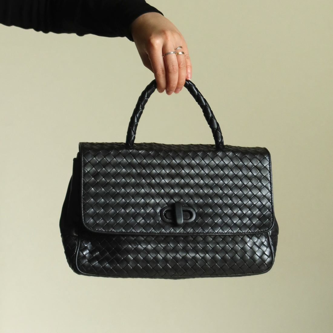 Bottega Veneta Vintage Black Intrecciato Turn Lock Braided Top Handle Bag