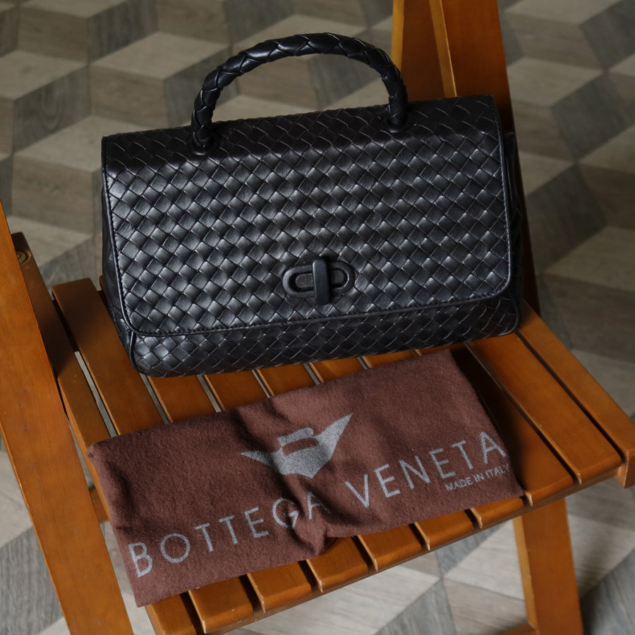 Bottega Veneta Vintage Black Intrecciato Turn Lock Braided Top Handle Bag