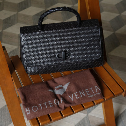 Bottega Veneta Vintage Black Intrecciato Turn Lock Braided Top Handle Bag