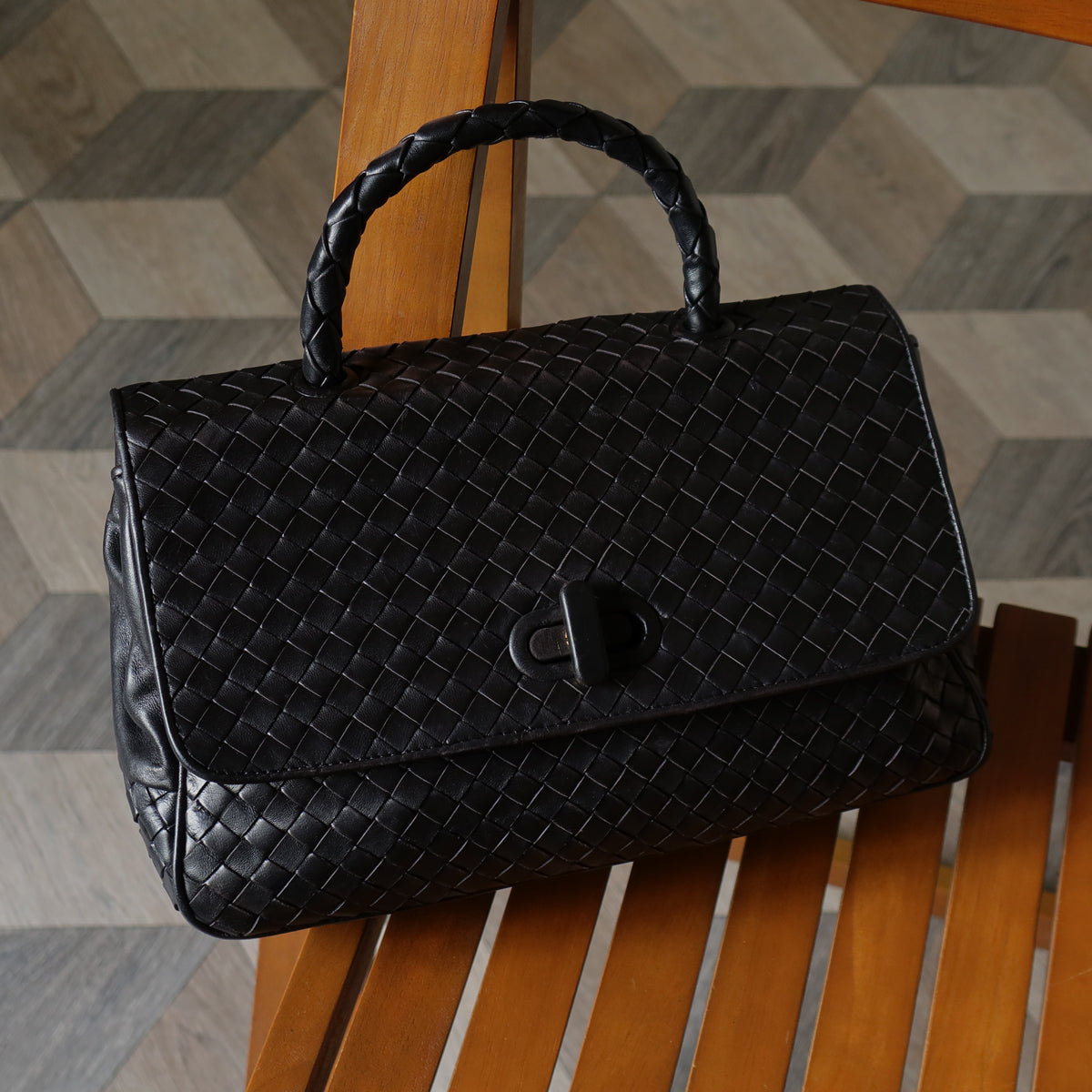 Bottega Veneta Vintage Black Intrecciato Turn Lock Braided Top Handle Bag