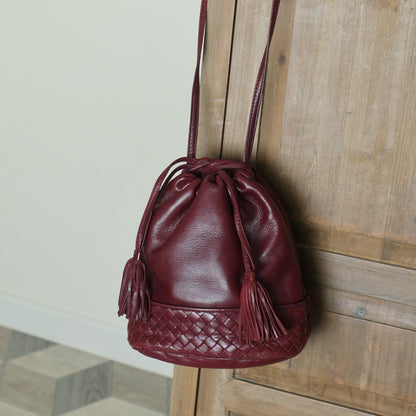 Bottega Veneta Vintage Maroon Intrecciato Weave Leather Draw String Bucket Bag