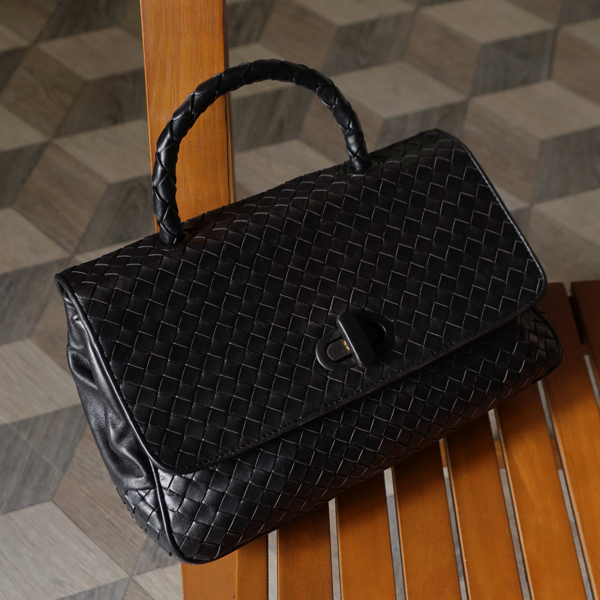 Bottega Veneta Vintage Black Intrecciato Turn Lock Braided Top Handle Bag