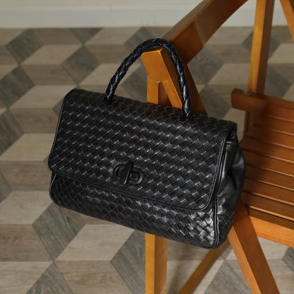 Bottega Veneta Vintage Black Intrecciato Turn Lock Braided Top Handle Bag