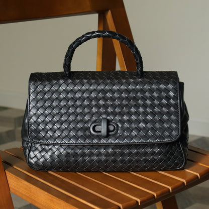 Bottega Veneta Vintage Black Intrecciato Turn Lock Braided Top Handle Bag