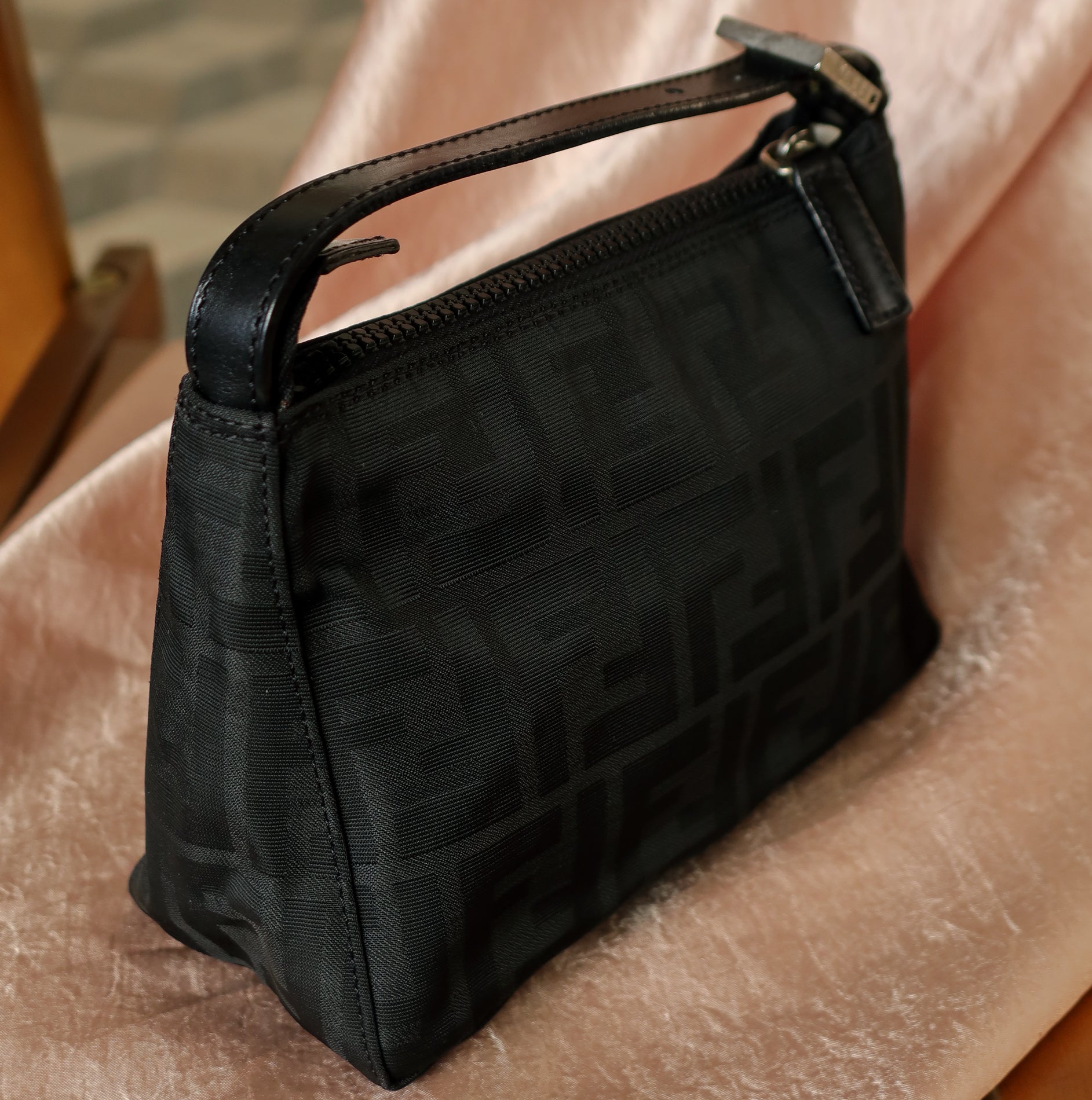Fendi Vintage Black Zucca Jacquard Mini Pochette Bag