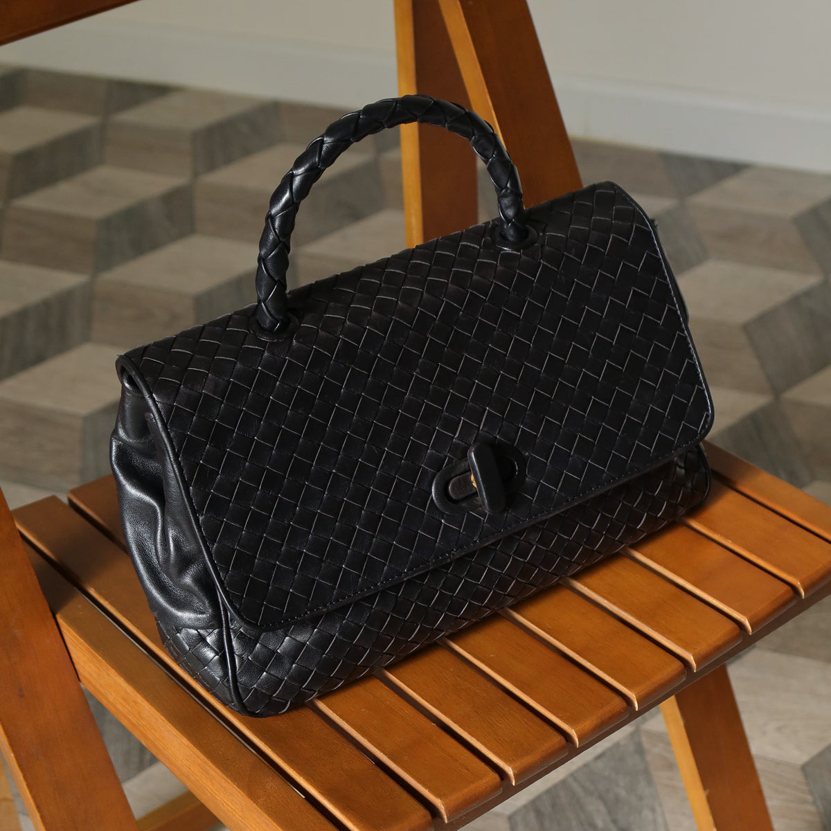 Bottega Veneta Vintage Black Intrecciato Turn Lock Braided Top Handle Bag