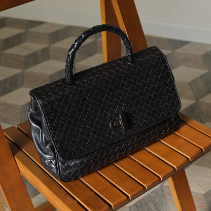 Bottega Veneta Vintage Black Intrecciato Turn Lock Braided Top Handle Bag