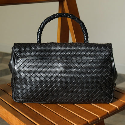 Bottega Veneta Vintage Black Intrecciato Turn Lock Braided Top Handle Bag