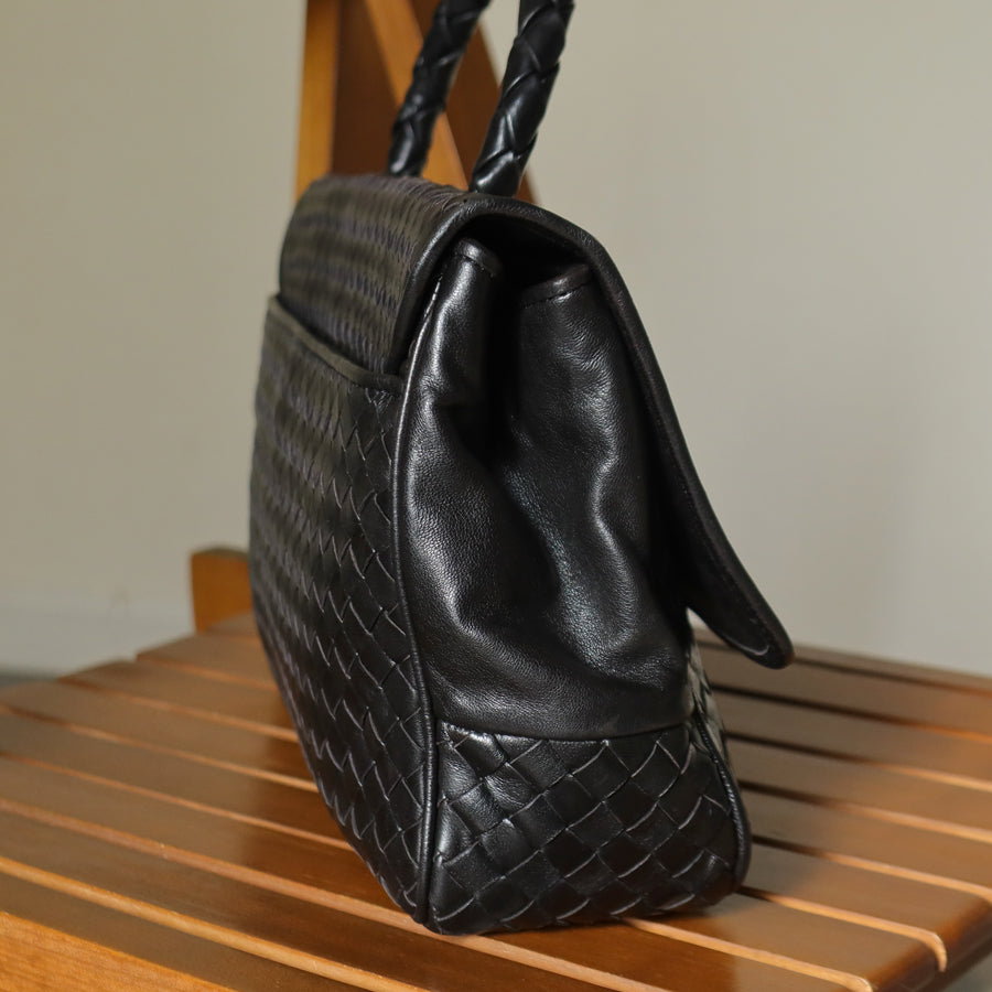 Bottega Veneta Vintage Black Intrecciato Turn Lock Braided Top Handle Bag