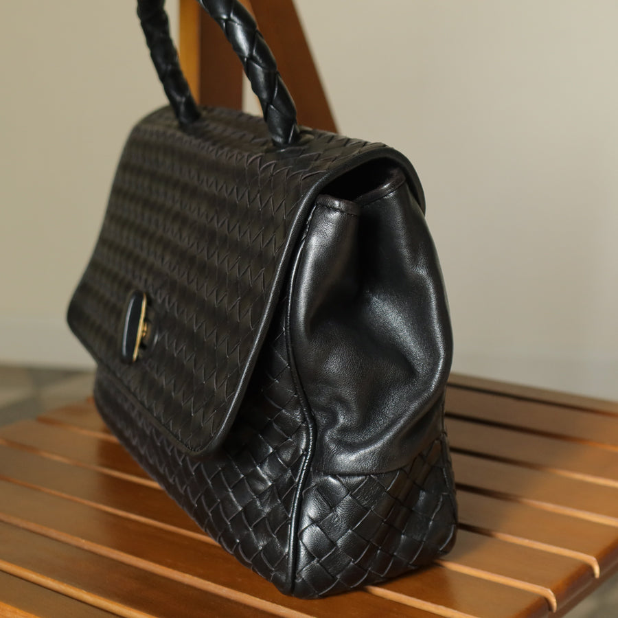 Bottega Veneta Vintage Black Intrecciato Turn Lock Braided Top Handle Bag