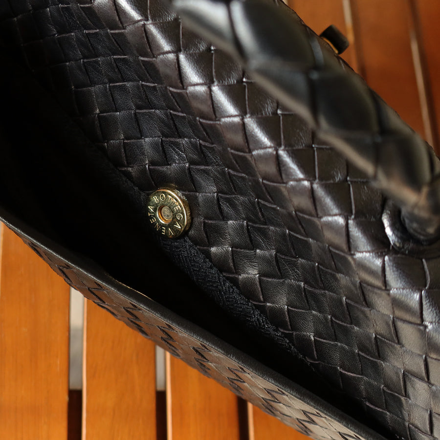 Bottega Veneta Vintage Black Intrecciato Turn Lock Braided Top Handle Bag