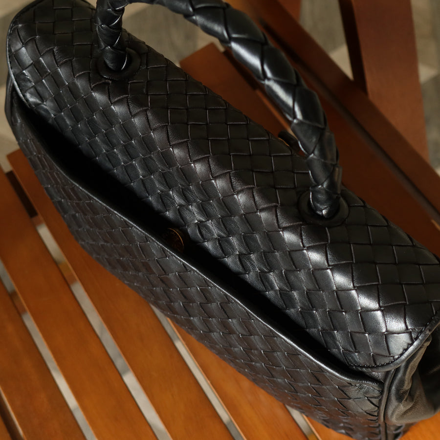 Bottega Veneta Vintage Black Intrecciato Turn Lock Braided Top Handle Bag