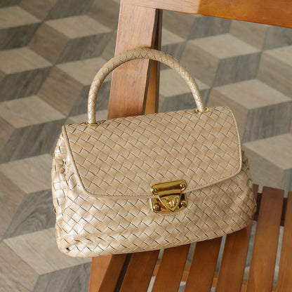 Vintage Bottega Veneta Shimmer Ivory Intrecciato Weave Top Handle Bag
