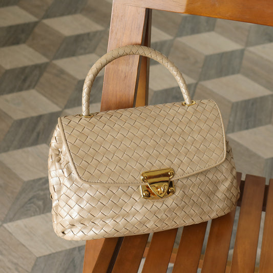 Vintage Bottega Veneta Shimmer Ivory Intrecciato Weave Top Handle Bag