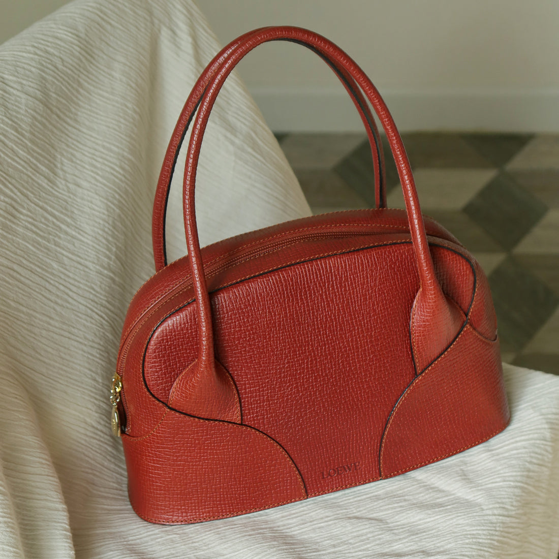 Rare Loewe Vintage Cayenne Brown Textured Leather Half Moon Shoulder Bag