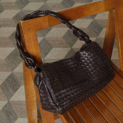 Bottega Veneta Vintage Dark Brown Intrecciato Double Flap Shoulder Bag