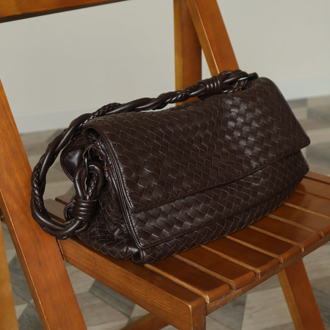 Bottega Veneta Vintage Dark Brown Intrecciato Double Flap Shoulder Bag