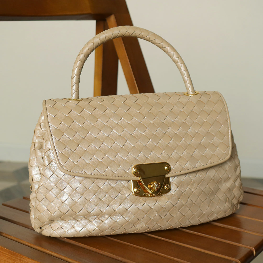 Vintage Bottega Veneta Shimmer Ivory Intrecciato Weave Top Handle Bag