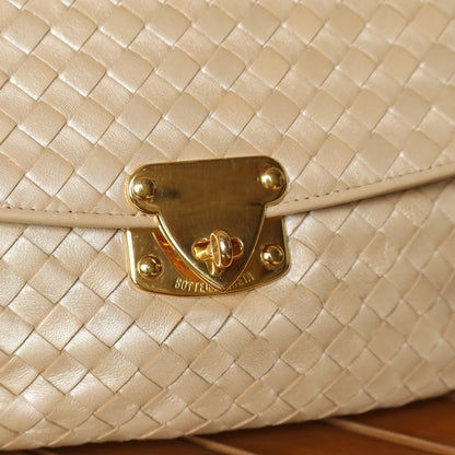 Vintage Bottega Veneta Shimmer Ivory Intrecciato Weave Top Handle Bag