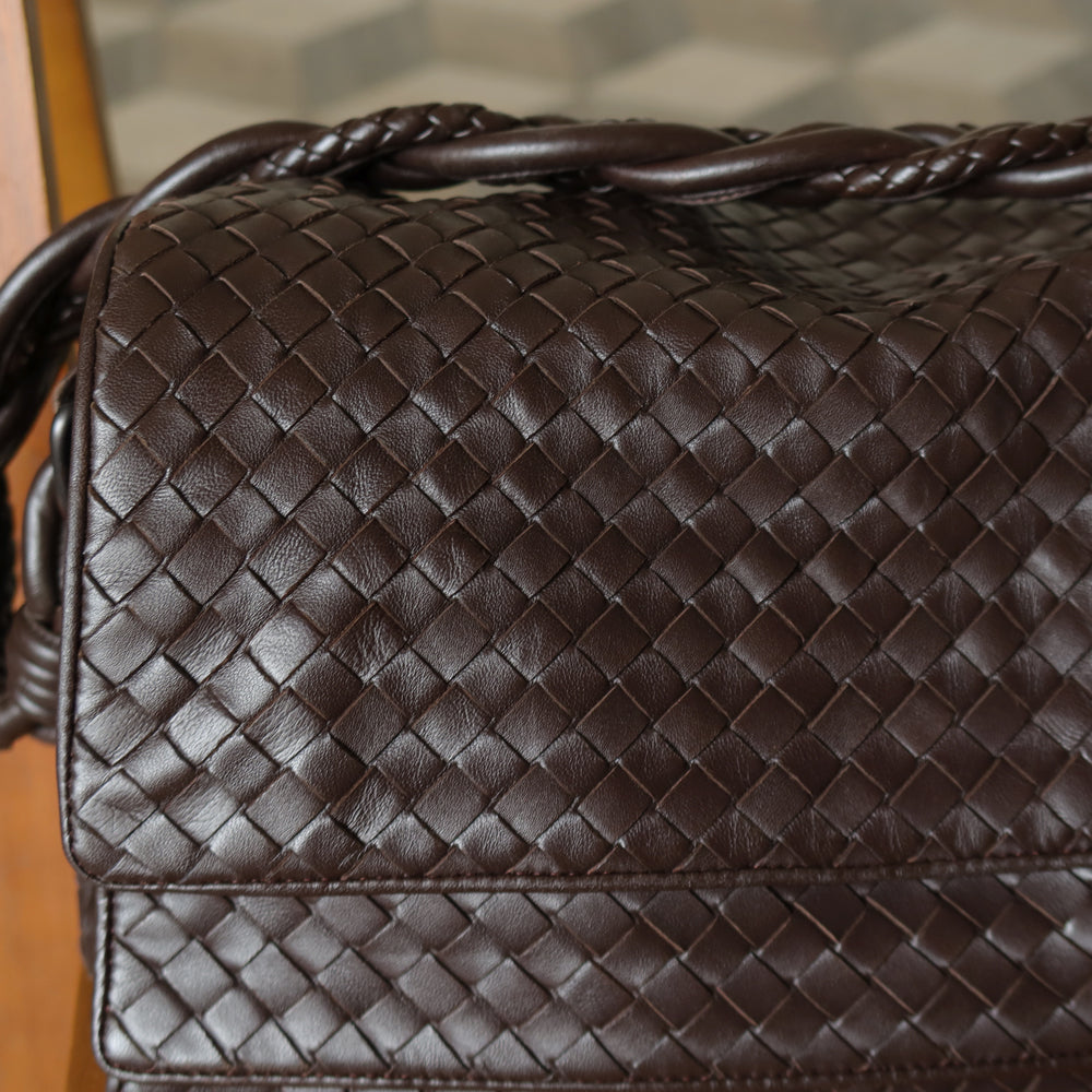 Bottega Veneta Vintage Dark Brown Intrecciato Double Flap Shoulder Bag