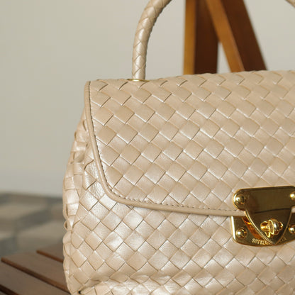 Vintage Bottega Veneta Shimmer Ivory Intrecciato Weave Top Handle Bag