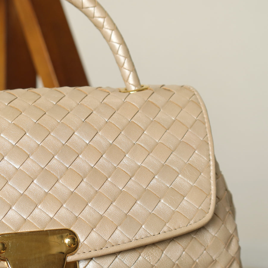 Vintage Bottega Veneta Shimmer Ivory Intrecciato Weave Top Handle Bag