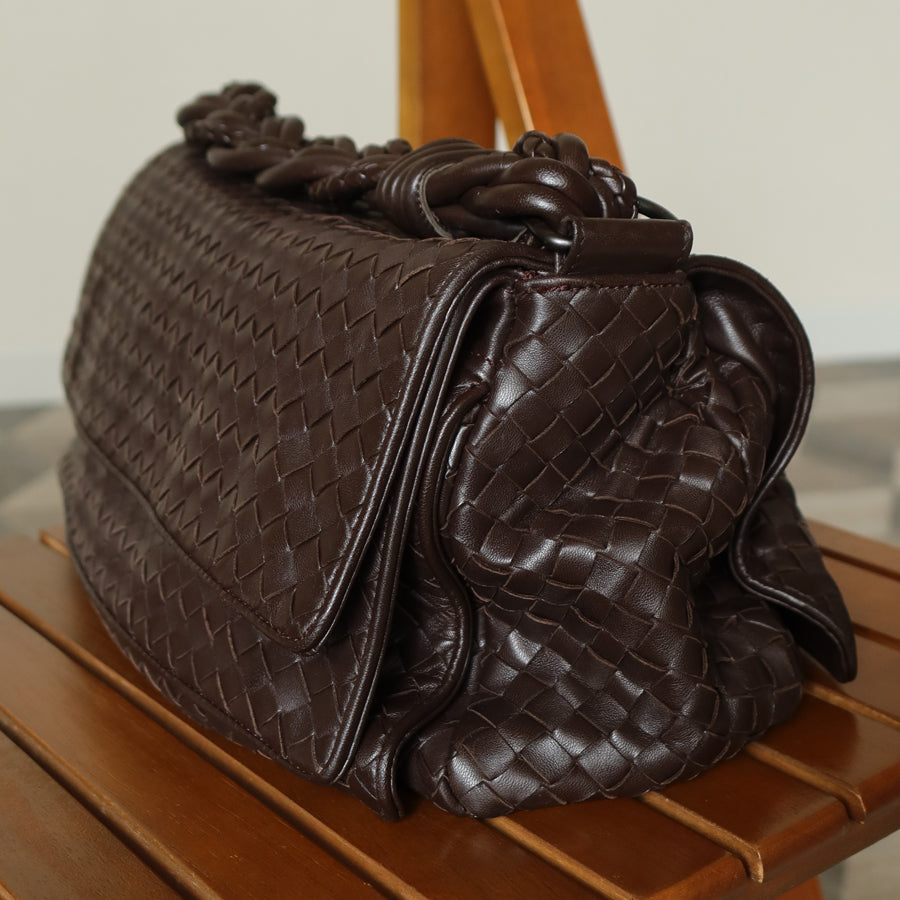 Bottega Veneta Vintage Dark Brown Intrecciato Double Flap Shoulder Bag