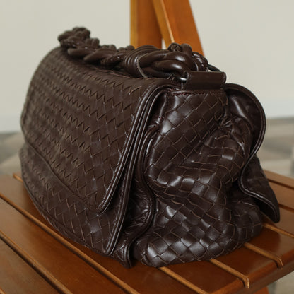Bottega Veneta Vintage Dark Brown Intrecciato Double Flap Shoulder Bag