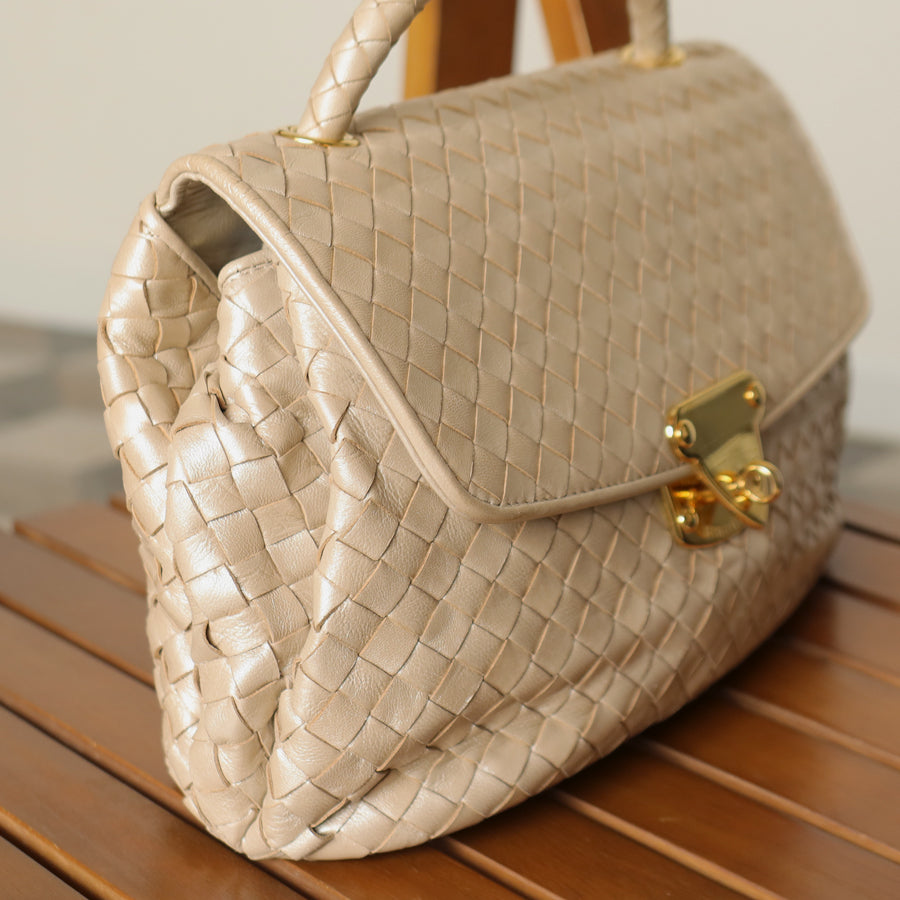 Vintage Bottega Veneta Shimmer Ivory Intrecciato Weave Top Handle Bag