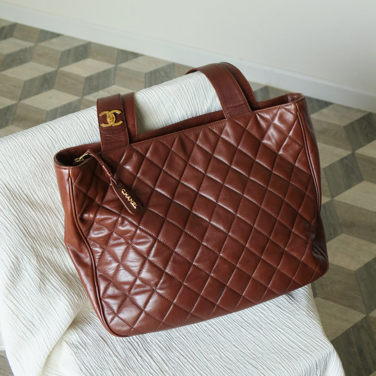 Chanel Vintage Brown Diamond quilted CC turn lock Shoulder Shopper Tote Bag