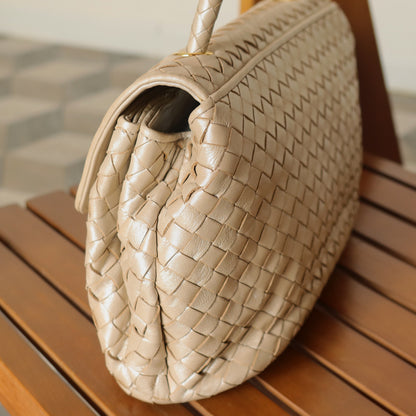 Vintage Bottega Veneta Shimmer Ivory Intrecciato Weave Top Handle Bag