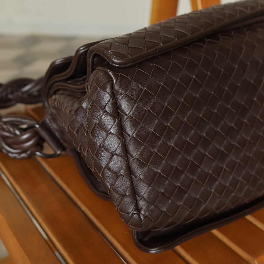 Bottega Veneta Vintage Dark Brown Intrecciato Double Flap Shoulder Bag