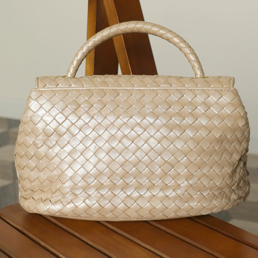 Vintage Bottega Veneta Shimmer Ivory Intrecciato Weave Top Handle Bag