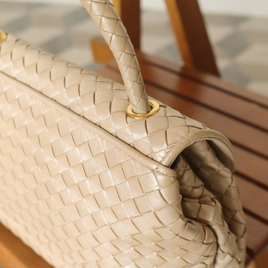Vintage Bottega Veneta Shimmer Ivory Intrecciato Weave Top Handle Bag
