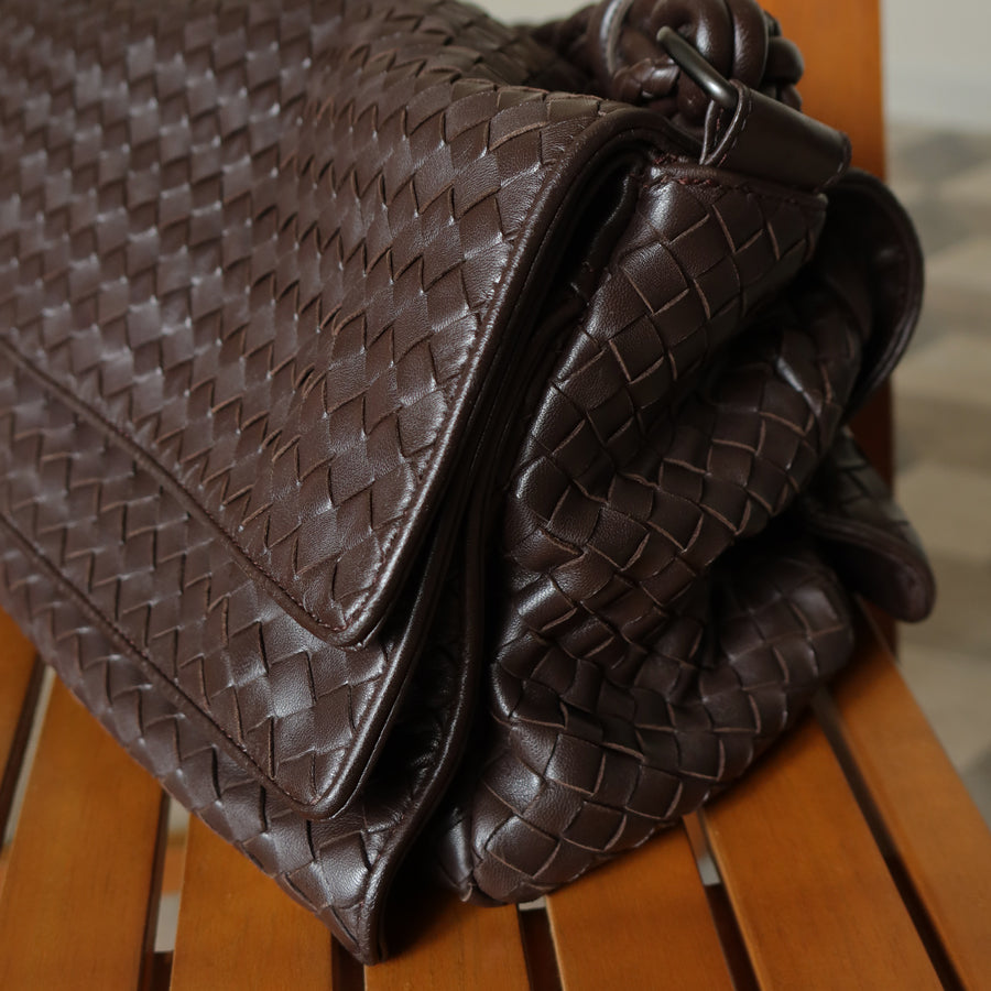 Bottega Veneta Vintage Dark Brown Intrecciato Double Flap Shoulder Bag