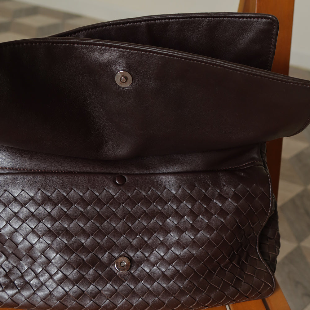 Bottega Veneta Vintage Dark Brown Intrecciato Double Flap Shoulder Bag