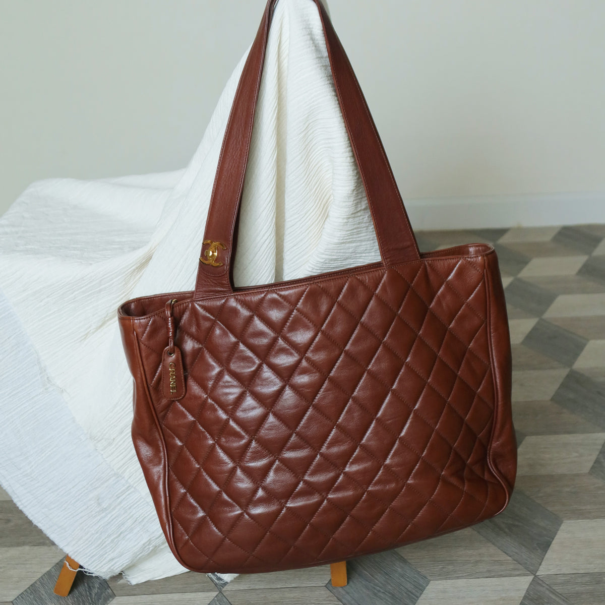 Chanel Vintage Brown Diamond quilted CC turn lock Shoulder Shopper Tote Bag